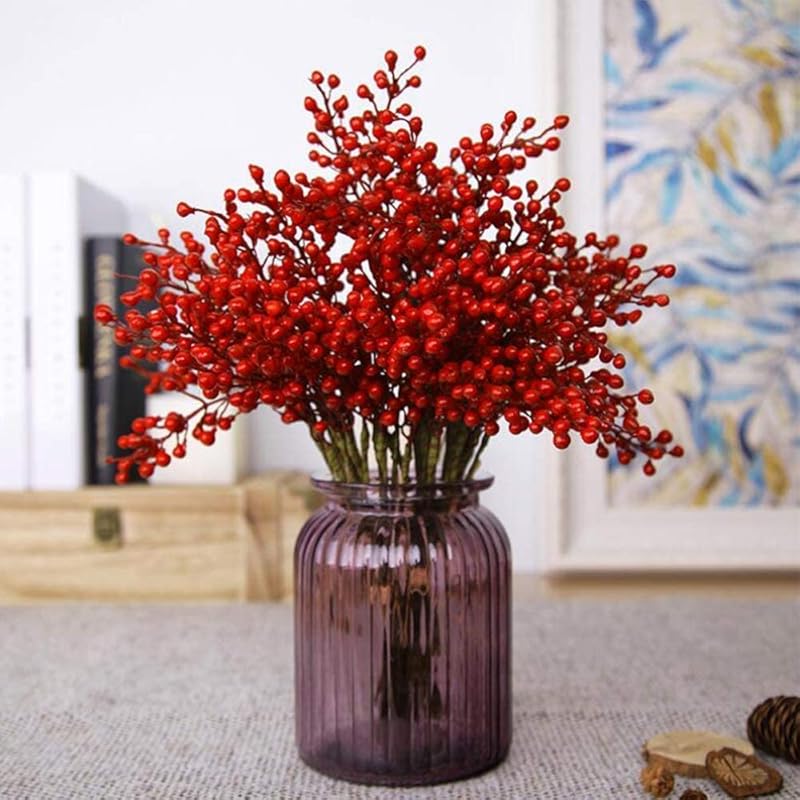GREENTIME 16 Pack Artificial Red Berry Stems Holly for Christmas Tree Decorations for New Year s Eve Decor, Holiday and Home Crafts for Fall 1