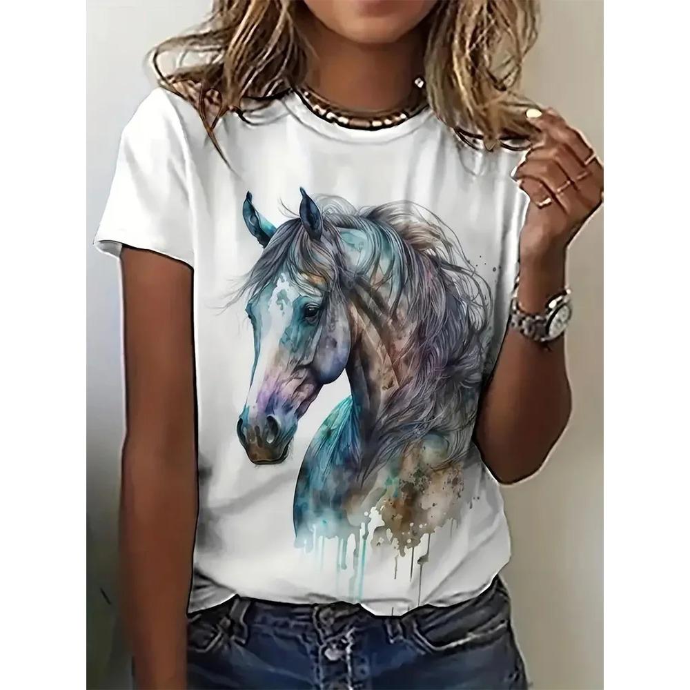 Summer Horse 3d Print T-shirts Women Streetwear Casual Fashion Oversized Short Sleeve Y2k O-neck Kids Tees Tops Clothing