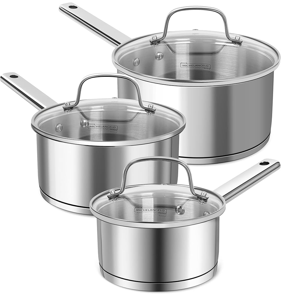 MICHELANGELO Saucepan Set 3 Sizes Stainless Steel Sauce Pan With Lid Tri-Ply Bottom Induction Compatible Sauce Pot Set