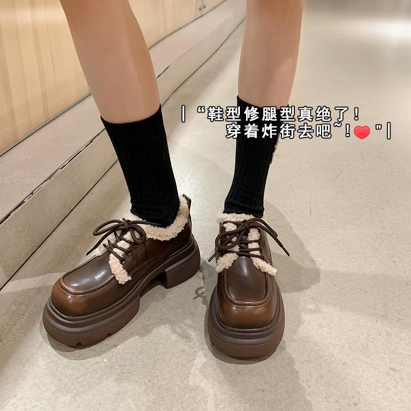 Small Fluffy Shoes Plush Women's Shoes Platform Shoes Lace-up Leather British Casual Small Leather Shoes