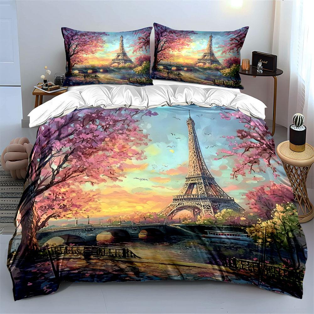 Eiffel Tower With Spring Riverside Scene Duvet Cover Set With 3D Printing Design Soft Polyester Bedding Set All-Season Comfort