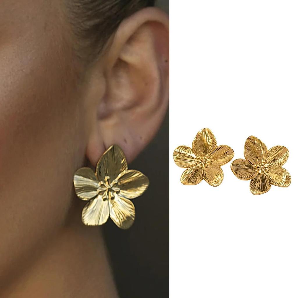 Petals Stud Earrings Gold Stainless Steel Flower Earrings for Sensitive Skin Luxury Minimalist Jewelry for Women Daily
