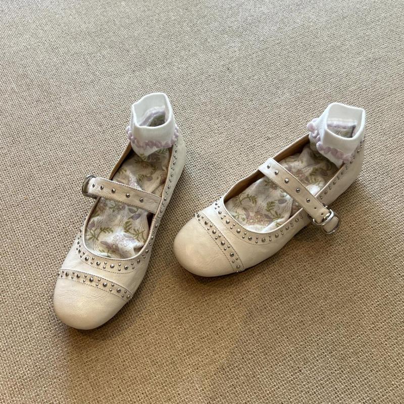 Sheepskin Version~ Gentle Wind Shallow Mouth Rivets Mary Jane Single Shoes Women's Versatile Flat Bottom One Word with Ballet Shoes