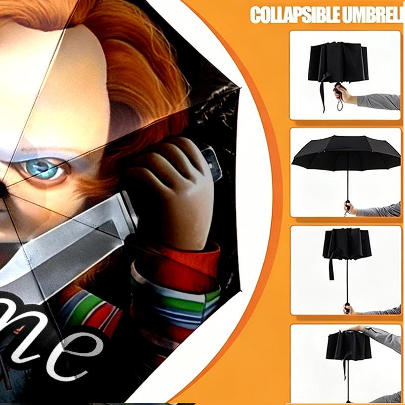 Custom Name Personalized Bride of Chucky Print Umbrella, Auto Open Close, 8‑Rib Sturdy Frame, Commute Camping Hiking Use, Birthday Gift