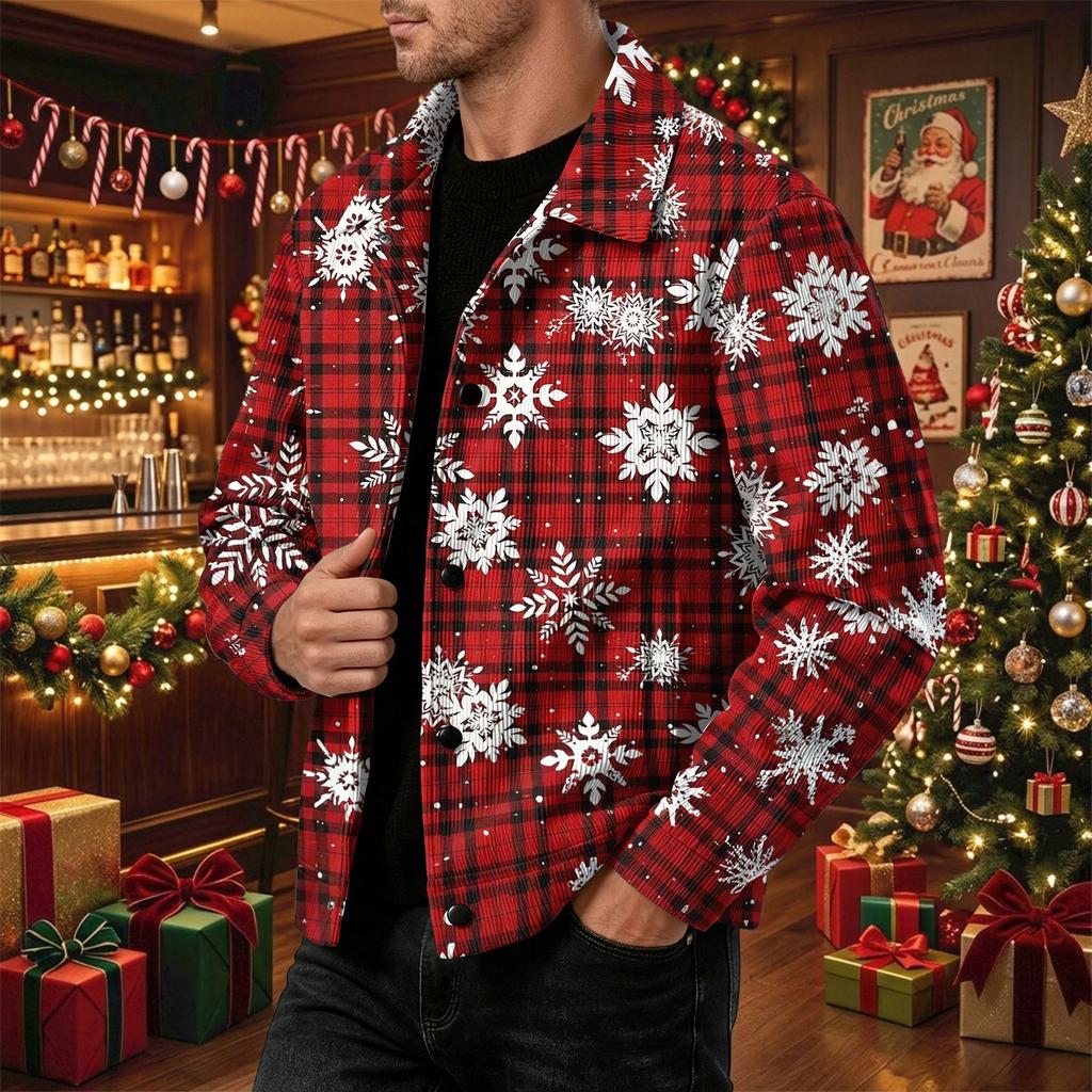 Men's Casual Loose Fit Long Sleeve Lapel Collar Jacket with Christmas Print for Fall