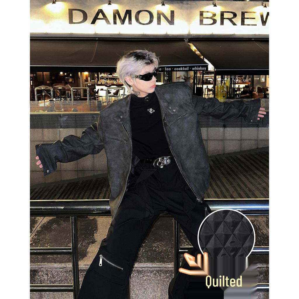 Men's Trendy Stand Collar Leather Jacket - High-End Feel, Loose Fit, Solid Color, Padded, Casual & Versatile