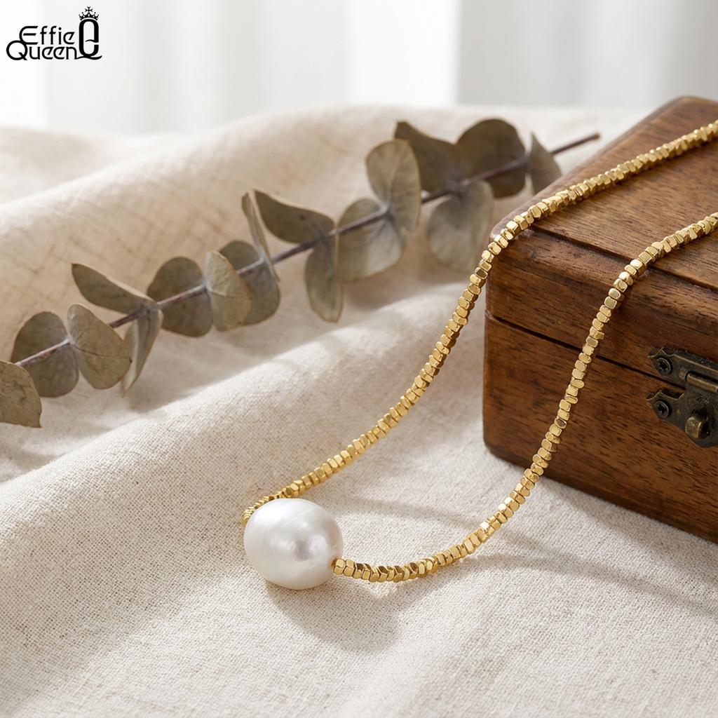 EFFIE QUEEN 925 Pure Silver 14k Gold Nugget Chain Big Pearl Choker Necklace Luxury Jewelry for Women Wedding Banquet Gift GPN36