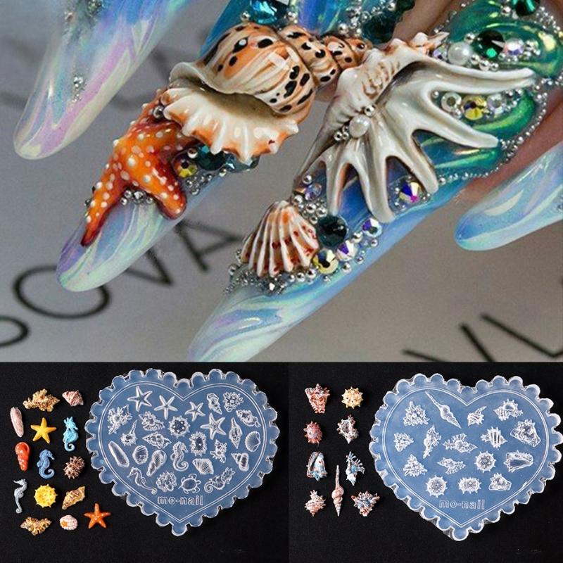 Sea Shell Starfish Fishtail 3D Silicone Nail Mold Jellyfish Conch Transparent Mold Nail Art Carving Template Diy Accessories
