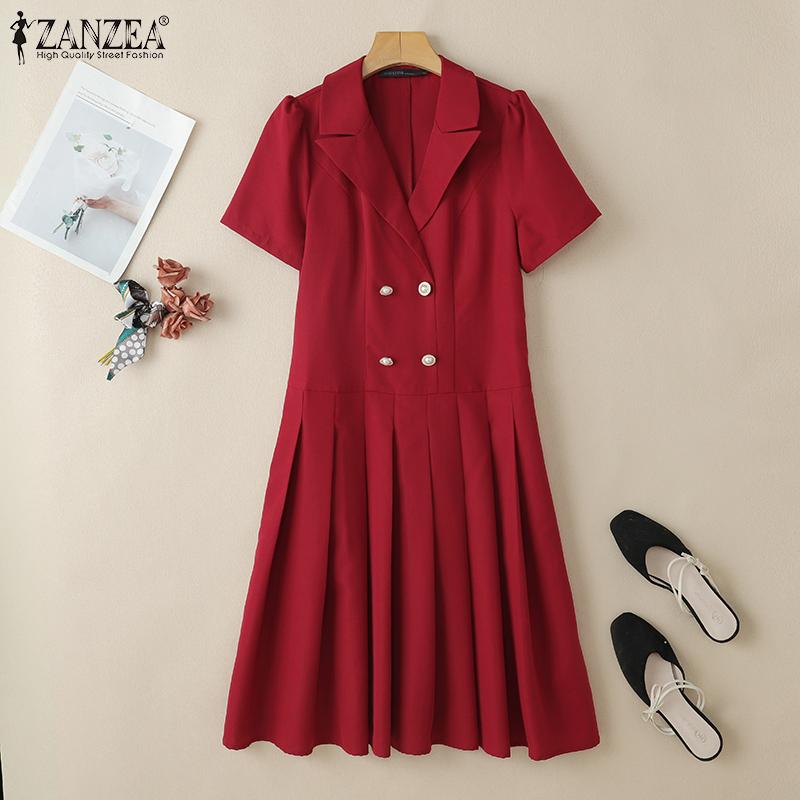 ZANZEA Damen Casual Turn Down Kragen Lose Kurzarm Plissee Kleid