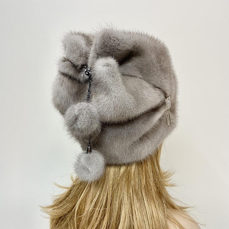 

New Luxury Winter Hats for Women Natural Mink Fur Balls Pompom Diamond Warm Snow Cap Outdoor Real Fur Hat Adjustable(55-60cm) серый