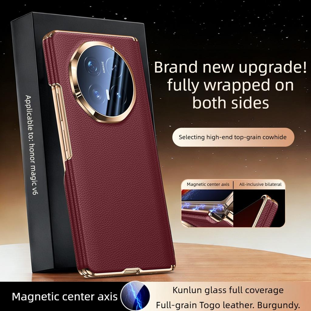 [[Dual-axis Protection] for Honor Magic V6 Case Luxurious Genuine Leather for Magsafe Wireless Charging Premium Back Phone Case