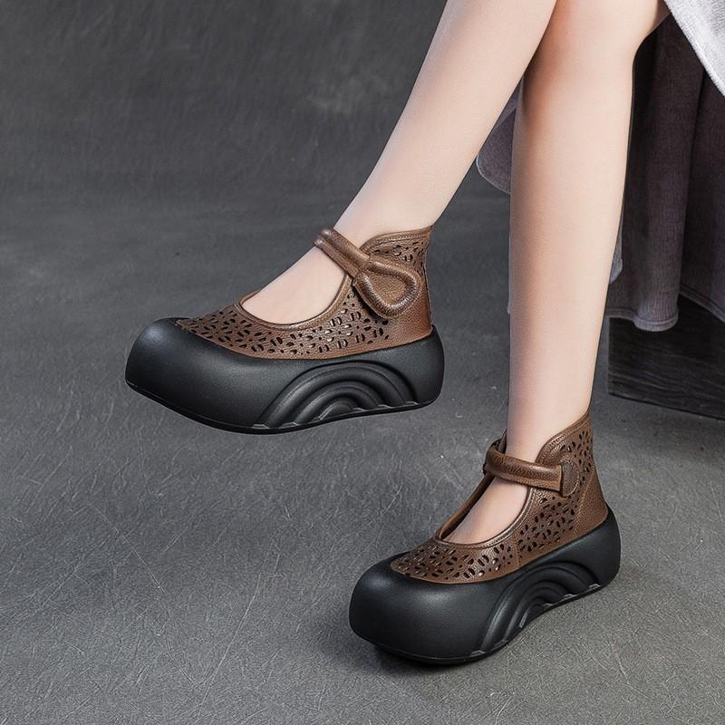 Johnature Sandálias de couro legítimo com sola grossa romanas respiráveis e plataforma plana feminina