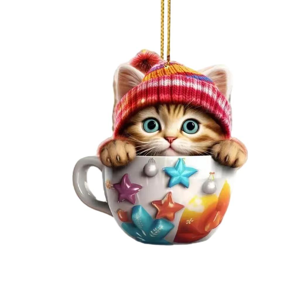Tea Cute Cartoon Cup Cat Pattern Acrylic Pendant For Christmas Tree Decoration
