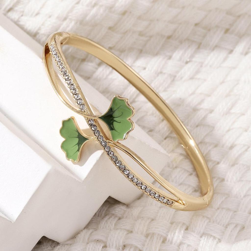 Elegant Ginkgo Leaf Diamond-Studded Drip Glaze Bracelet 