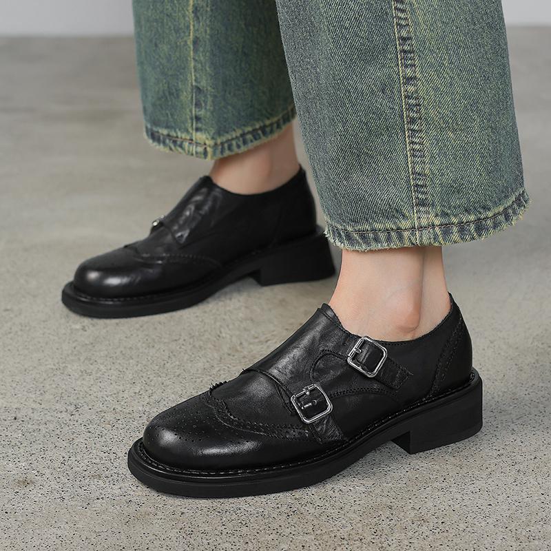 Fashion 2025 Autumn New Women's Shoes Genuine Leather Low-heel Casual Oxford Shoes Woman Block Buckle Loafers Vintage Footwear Pumps