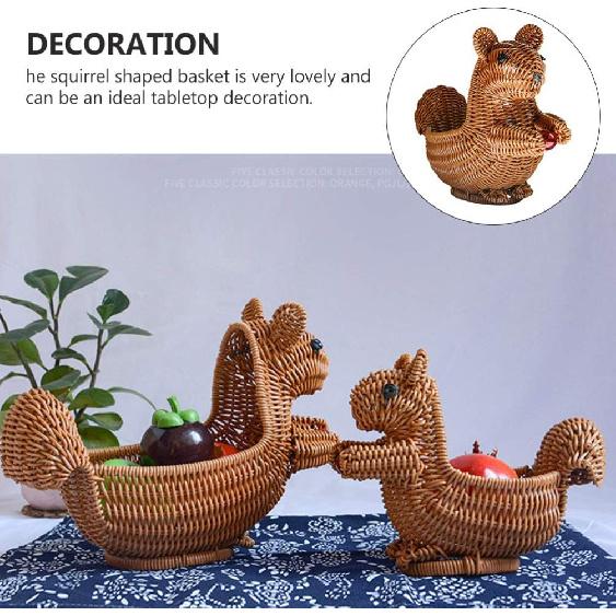 EXCEART Squirrel Shape Woven Storage Basket with Lid - Handwoven Rattan Storage Basket Organizer Squirrel Shape Woven Wicker Food Fruit Vegetable