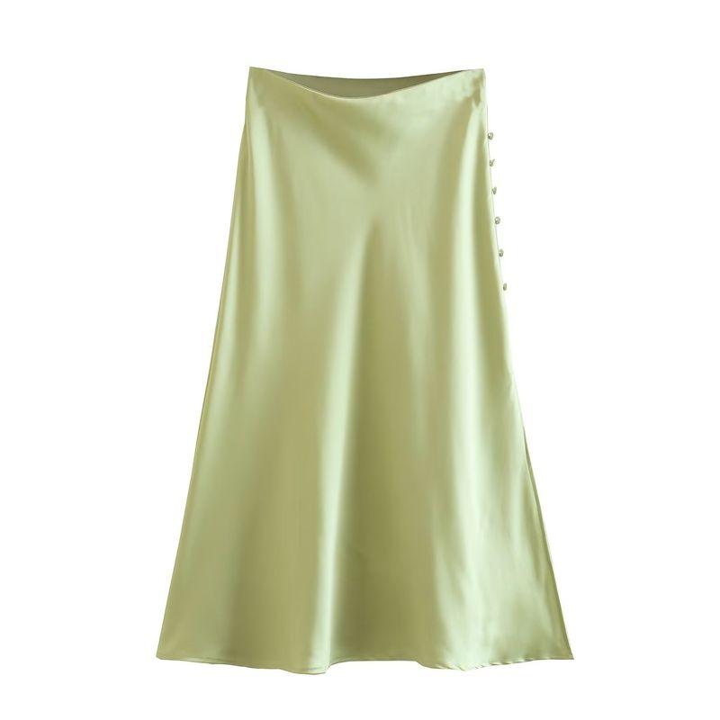 

2024 Button Split Satin Solid Color Skirt Bodycon Dress White L