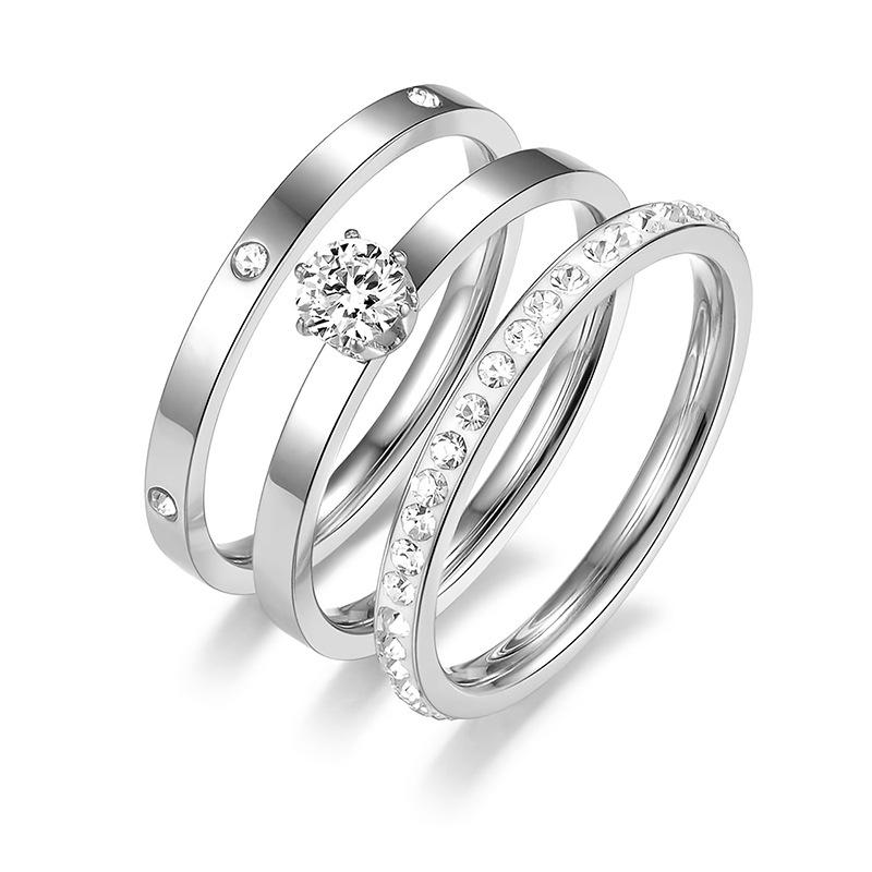 

European and American light luxury high-end titanium steel ring three-piece set stainless steel zircon ring no. 5 платиновый
