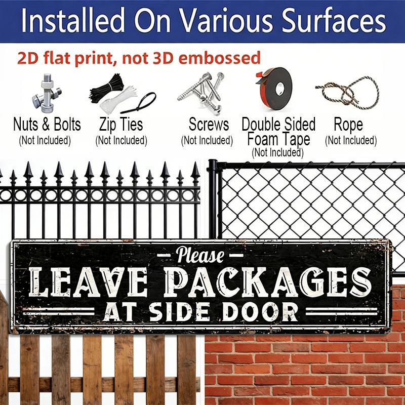 [Vintage Aluminum Sign] 2D Flat Vintage Metallic "Please Leave Packages At The Side Door" Sign - Rustic Wall Decoration, 15.7×3.94inch, Black with