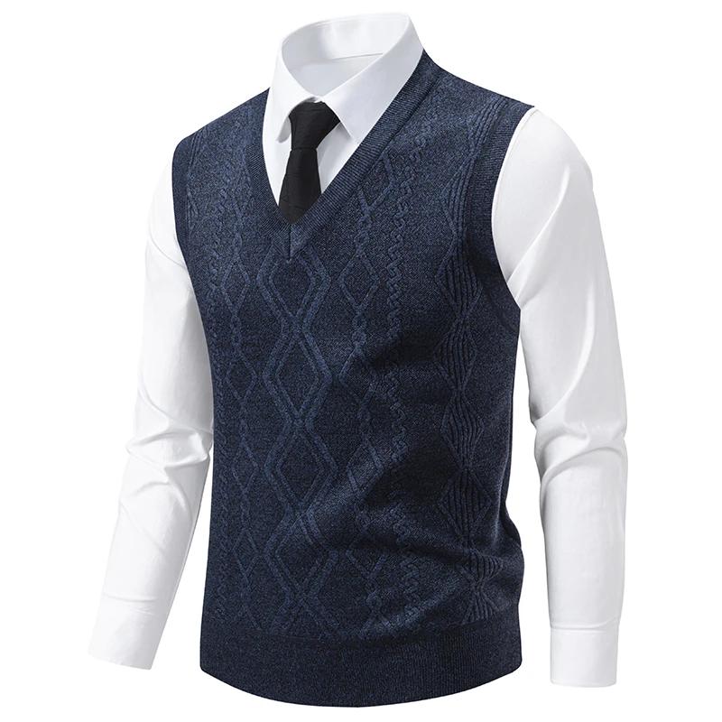 Men's Knitted Warm Sweater In Autumn and Winter V-neck Vest Diamond Grid Twisted Flower Casual Fashion Versatile Top