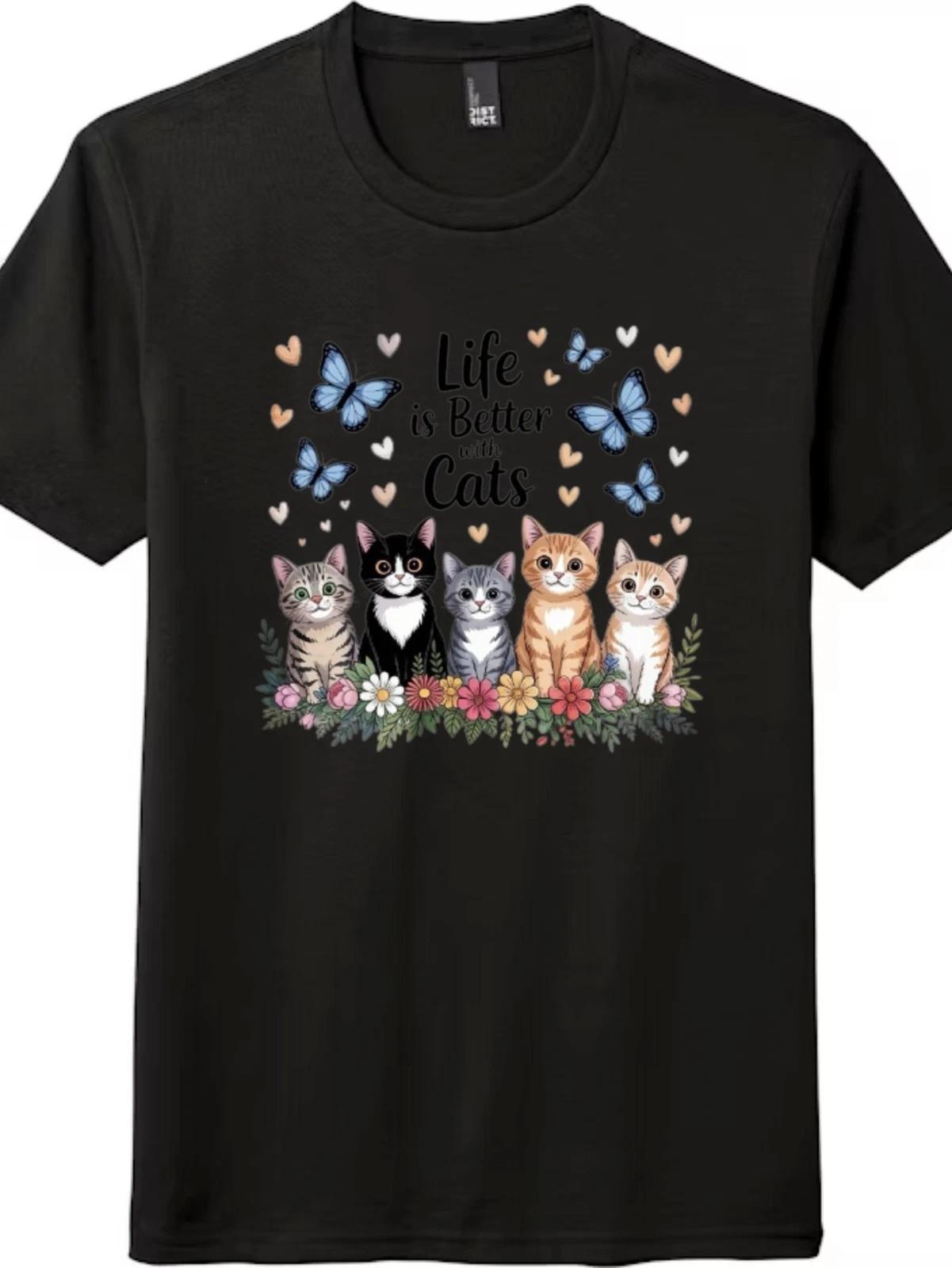 Life is Better with Cats Cute Cat Lover T-Shirt,Floral Butterfly Cat Graphic Tee L