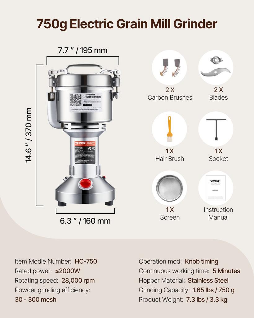 VEVOR 750g Electric Grain Mill Grinder, High Speed 2000W Commercial Spice Grinders, Stainless Steel Pulverizer Powder Machine