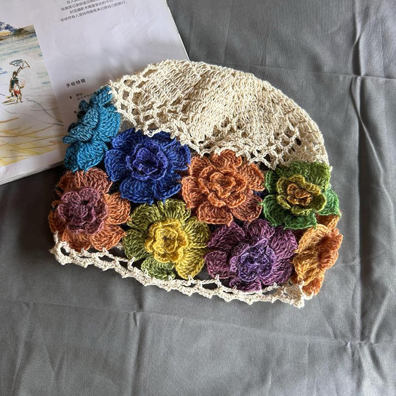Ethnic Knitted Style Hat With Hollow Out Design And Flower Decoration For Daily