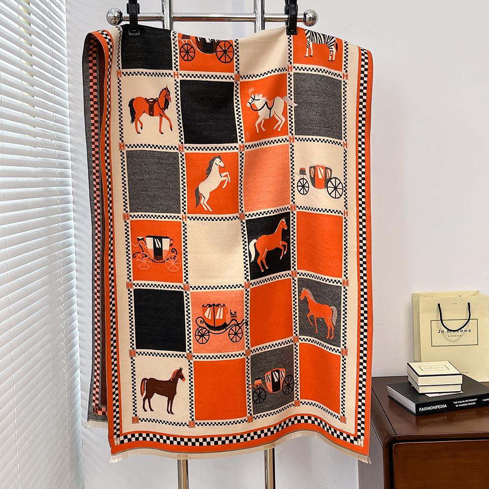 Pony's New Orange Imitation Cashmere Scarf, Women's High-end Carriage Jacquard Shawl, and a Scarf for Elders.