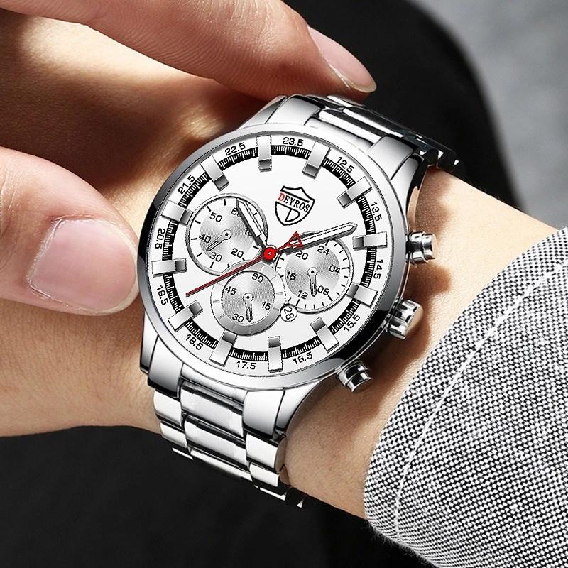 3pcs/set Fashion Men's Casual Round Pointer Stainless Steel Quartz Wrist Watch & Bracelet & Necklace, Ideal Choice for Gifts