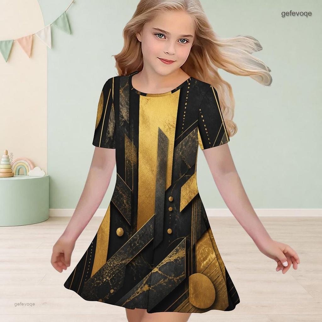 Girls Round Neck Short Sleeve Printed Light Purple A Line Flared Dress