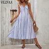 Women's Fashion Summer Spring Stripe Print Sleeveless Hanging Neck Loose Waistline Casual Dresses