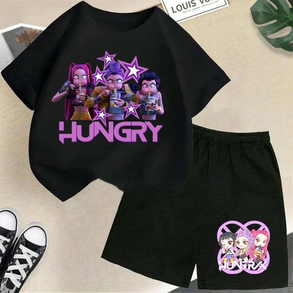 Moda Informal Estampado 3D Infantil Ola Coreana Cazador de Demonios Película Dibujos Animados Niños y Niñas Conjunto de Manga Corta