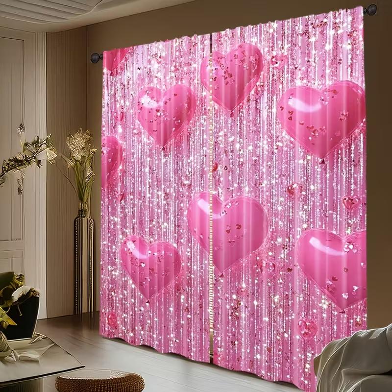 2 Pcs Pink Heart Print Curtains,suitable for Bedroom,living Room Kitchen Decoration,home Decoration,window Decoration Curtain