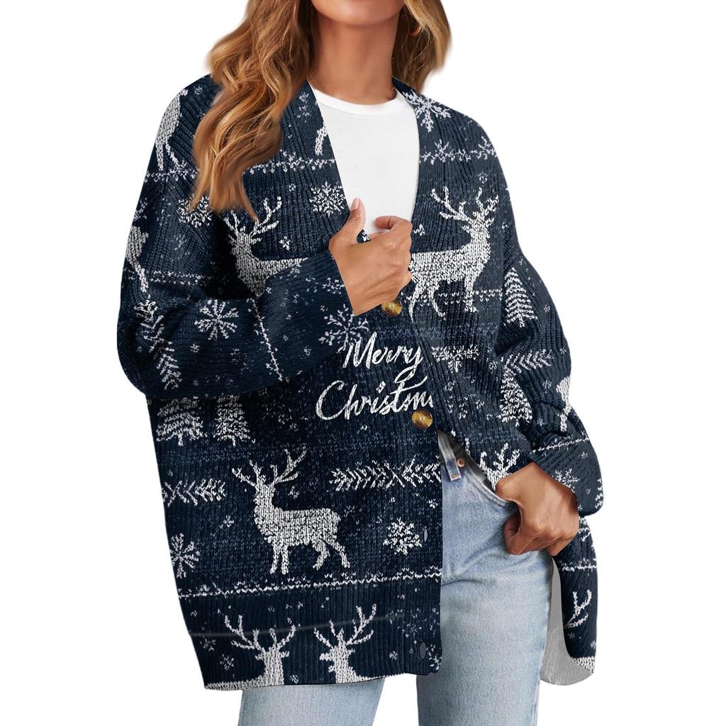 Women's Fashion Long Sleeve Christmas Print V-Neck Button Loose Cardigan Top