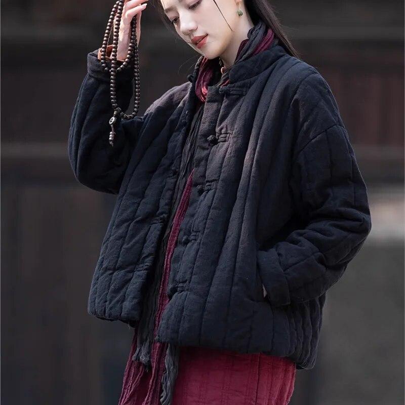 Johnature Women Chinese Style Parkas Solid Color Stand Long Sleeve Winter Coats Button Plus Cotton Warm Parkas
