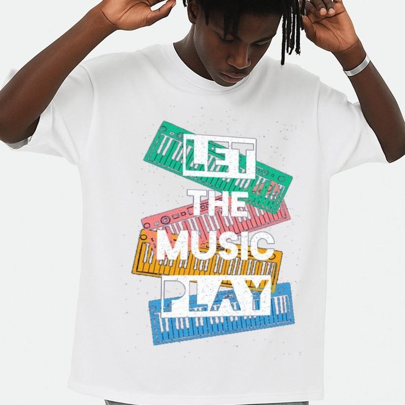 

European sizes Music Play Keyboard Tee Men T Shirts White Casual Elegantly Weekend Casual Wear Fun and Playful, Cool T-shirt 4XL