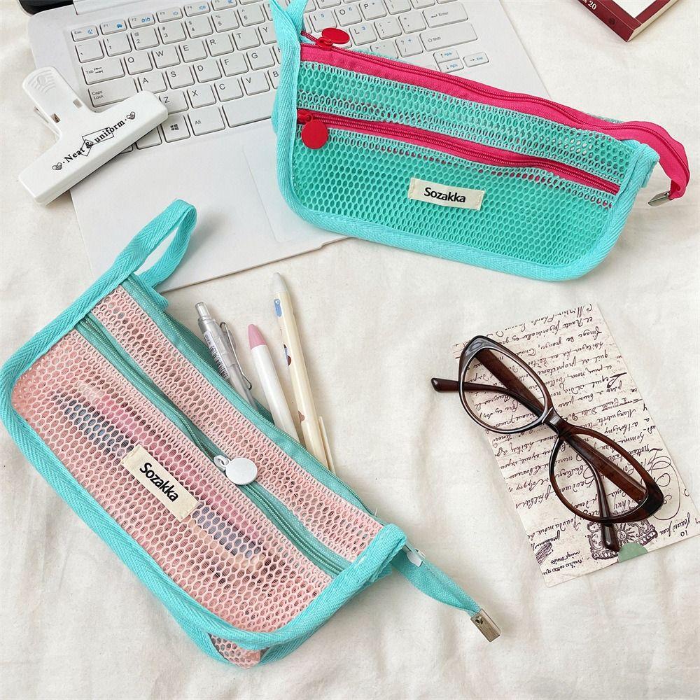 Double Layer Transparent Pencil Bag Nylon Zipper Stationery Bag Simple Mesh Pencil Case Travel