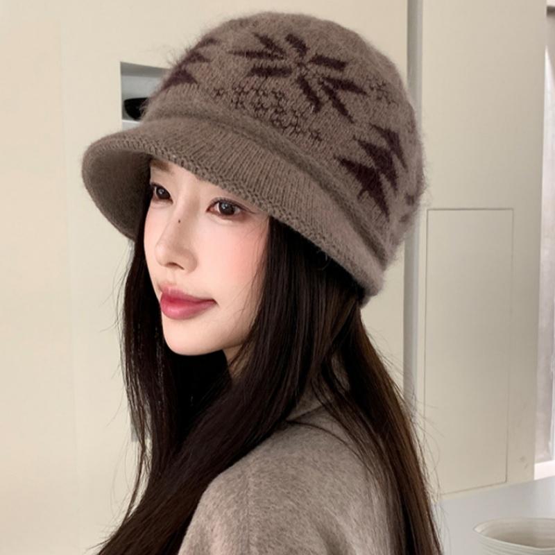 

Rabbit Fur Hat New Autumn Winter Style Warm Beanie Large Head Circumference Jacquard Elegant Bucket Hat Women 56-58CM OneSize