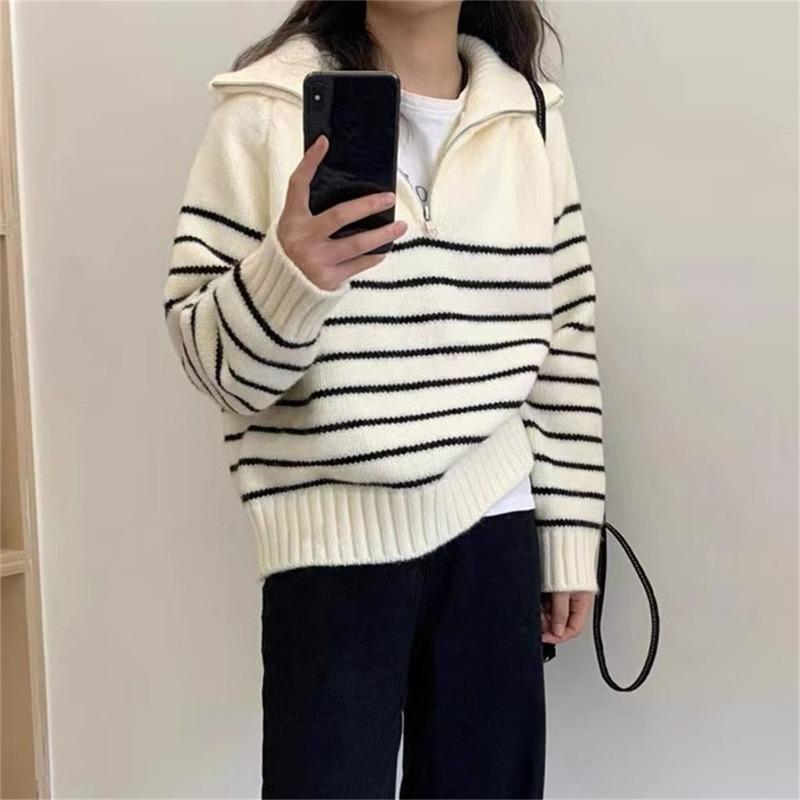 Half zipper striped pullover sweater women's loose short lazy style versatile knitted sweater autumn and winter new