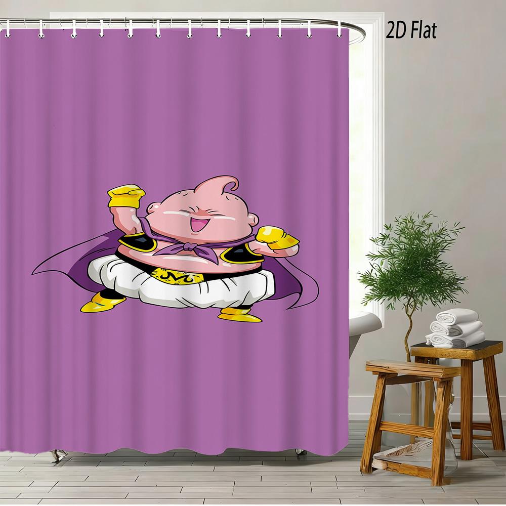 Dragon Ball Z Majin Buu (Fat Buu) Cheerful Pose Scene 2D Print Waterproof Shower Curtain, Vibrant Solid Purple Background With P