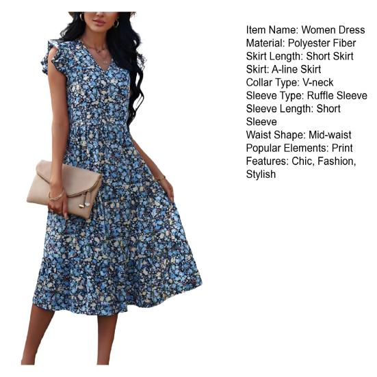 Women's Summer Floral Midi Dress Ruffle Cap Sleeve V Neck Swing Dress Casual Flowy A Line Boho Vacation Dress