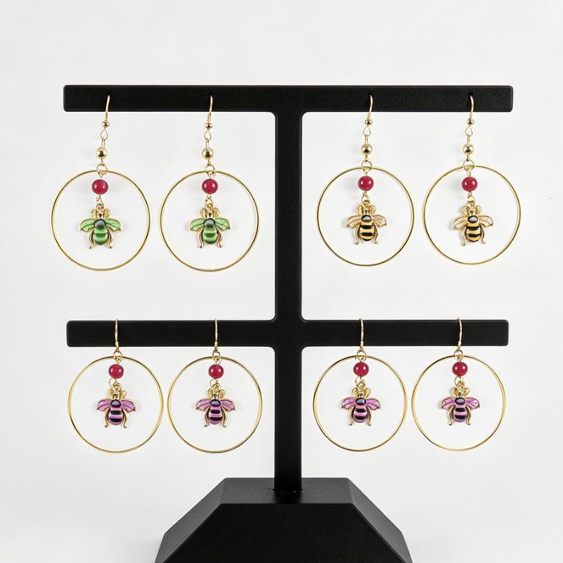 Rust-proof Gold Plated Hoop Dangle Earrings Enamel Bee Charm Red Bead Accent for Women Casual Daily Wear Gift