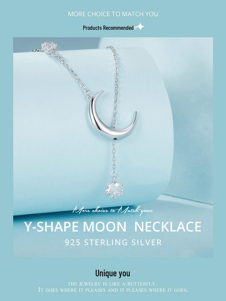Everle Minimalist Moon Y Necklace: S925 Sterling Silver, Rhodium-Plated, Zircon Adorned Versatile Jewelry for Women.