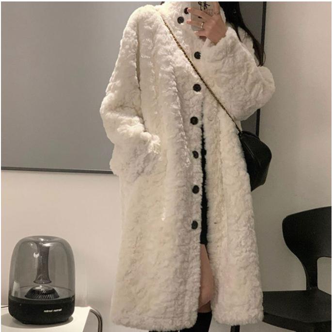 Lamb Wool White Cotton-Padded Coat Women'S Winter Year Thickened Medium And Long Wool Imitation Fur Coat