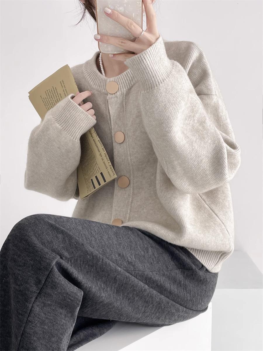 

Design sense single-breasted solid color knitted sweater women s spring coat cardigan lazy loose crew neck top S