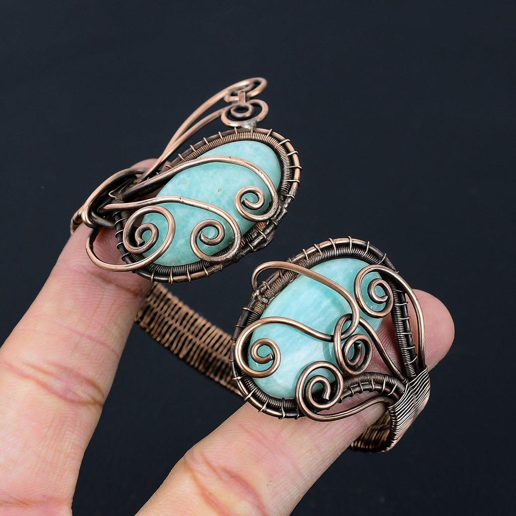 Amazonit-Edelstein, reiner Kupferdraht, umwickelt, handgefertigter Manschetten-/Armreif-Schmuck