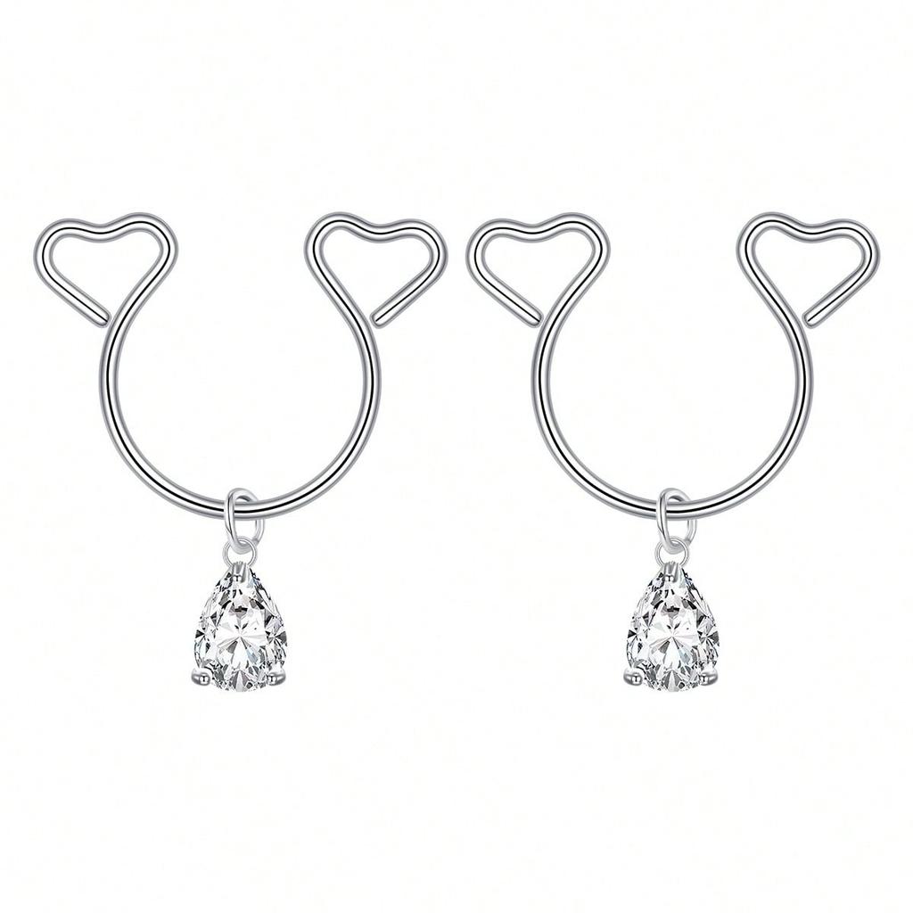 2 Pezzi Anello Finto Capezzolo a Forma di Cuore con Pendente Acciaio Inossidabile Anelli per Capezzoli Senza Perforazione Clip On Anelli per Capezzoli Piercing Finto per il Corpo