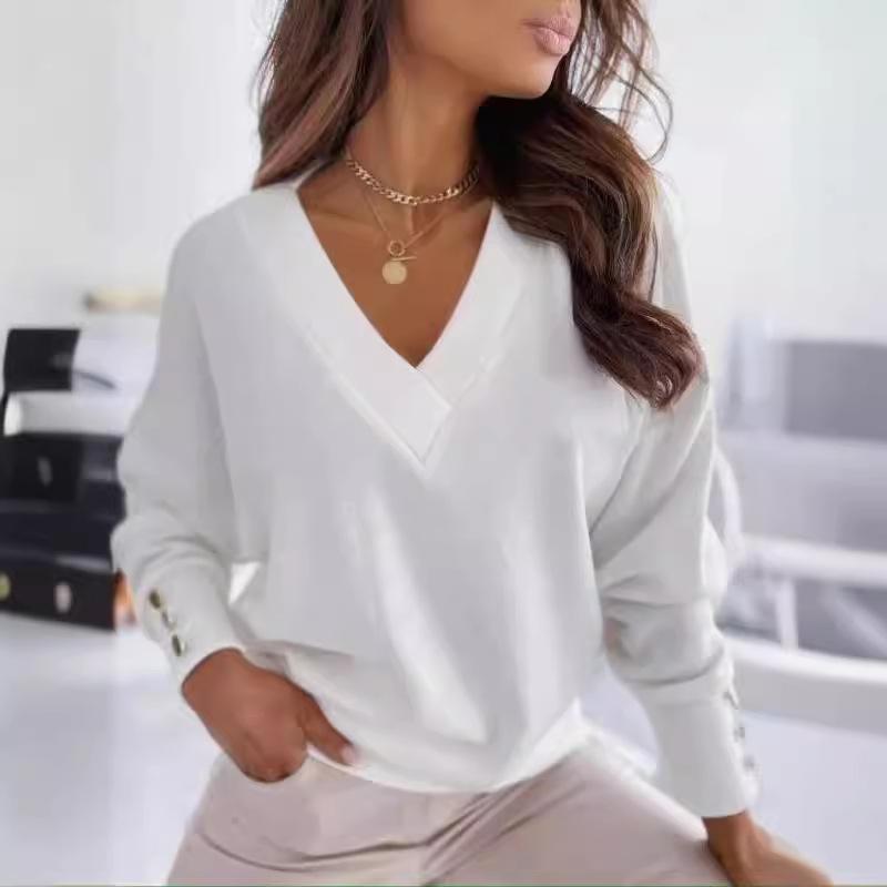 2024 Spring & Autumn European & American Loose Solid Color V-neck Long Sleeve Women's T-shirt