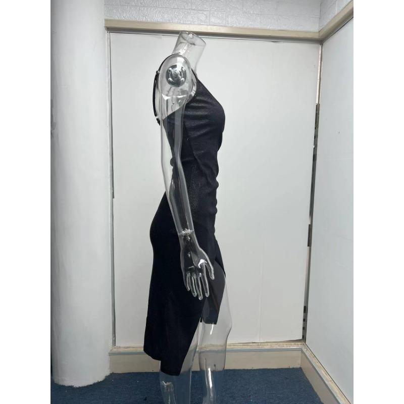 Women's Glitter Chain Strap Deep V Neck Bodycon Dress Elegant High Slit Party Gown