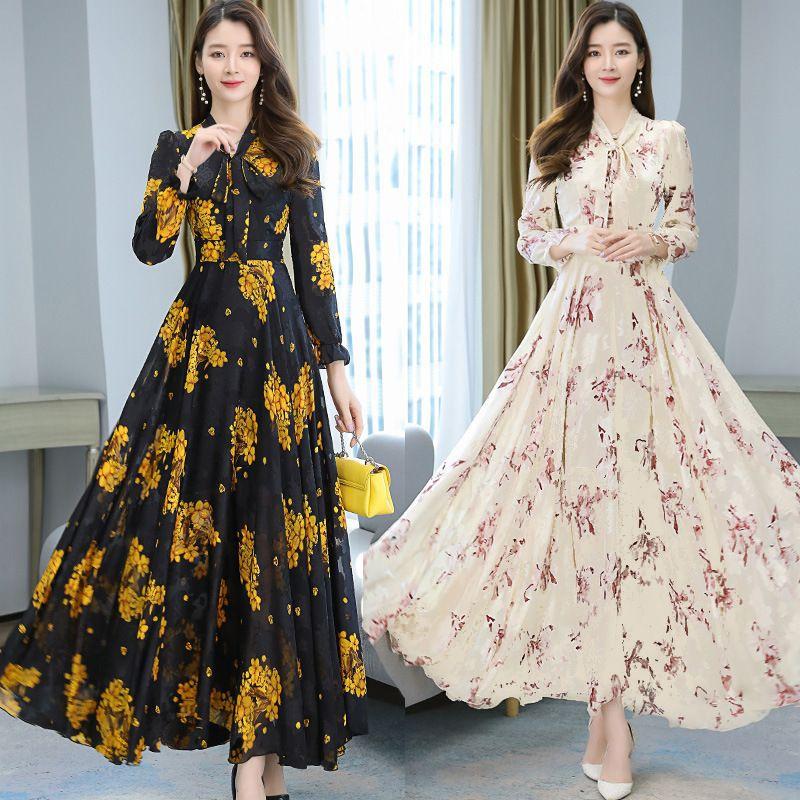 Spring and summer women's new long dress, jacquard chiffon super fairy waist beach pendulum bow super long dress